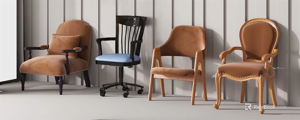 Stylish Leisure Chairs With Brown Blue Upholstered Seats Wooden Frames And Rolling Wheels 3d model 