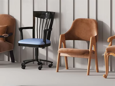 Stylish Leisure Chairs With Brown Blue Upholstered Seats Wooden Frames And Rolling Wheels 3d model