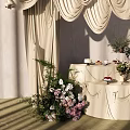 Elegant Floral Display with Beige Drapery Canopy and Pink White Flower Arrangements on Decorative Table