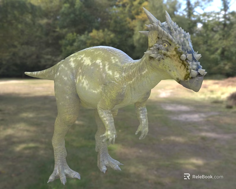 Green Yellow Patterned Dinosaur Reptile With Horned Frill In Outdoor Forest 3d model 