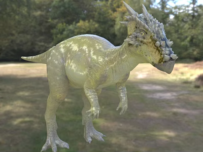 Green Yellow Patterned Dinosaur Reptile With Horned Frill In Outdoor Forest 3d model