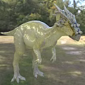 Green Yellow Patterned Dinosaur Reptile With Horned Frill In Outdoor Forest