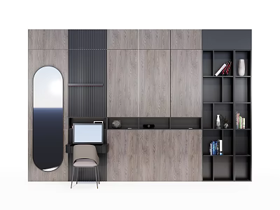 Modern Wooden Bookshelf With Home Office Desk Chair Mirror Books And Decorations 3d model