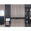 Modern Wooden Bookshelf With Home Office Desk Chair Mirror Books And Decorations
