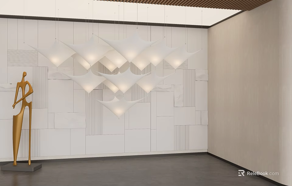 Modern Interior Space With Unique Shaped Chandelier And Geometric Wall Design 3d model 