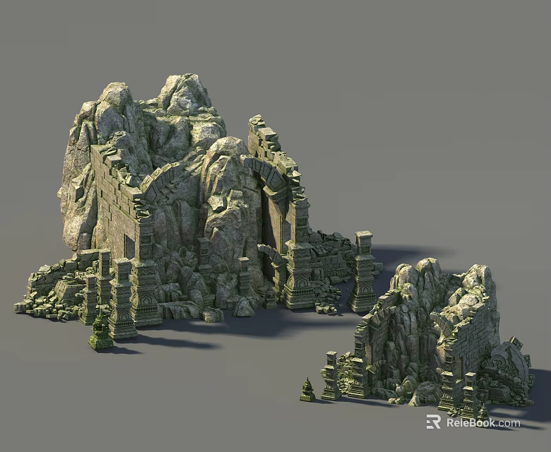 Ancient Stone Ruins With Rock Archways Pillars And Mossy Rock Structures 3d model 