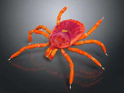 Red Tick with Orange Legs and Vibrant Red Body on Dark Background Close Up View 3d model