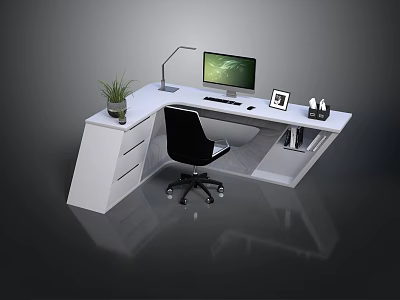 L Shaped White Office Desk With Computer Monitor Desk Lamp Potted Plant And Black Chair 3d model