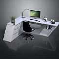 L Shaped White Office Desk With Computer Monitor Desk Lamp Potted Plant And Black Chair
