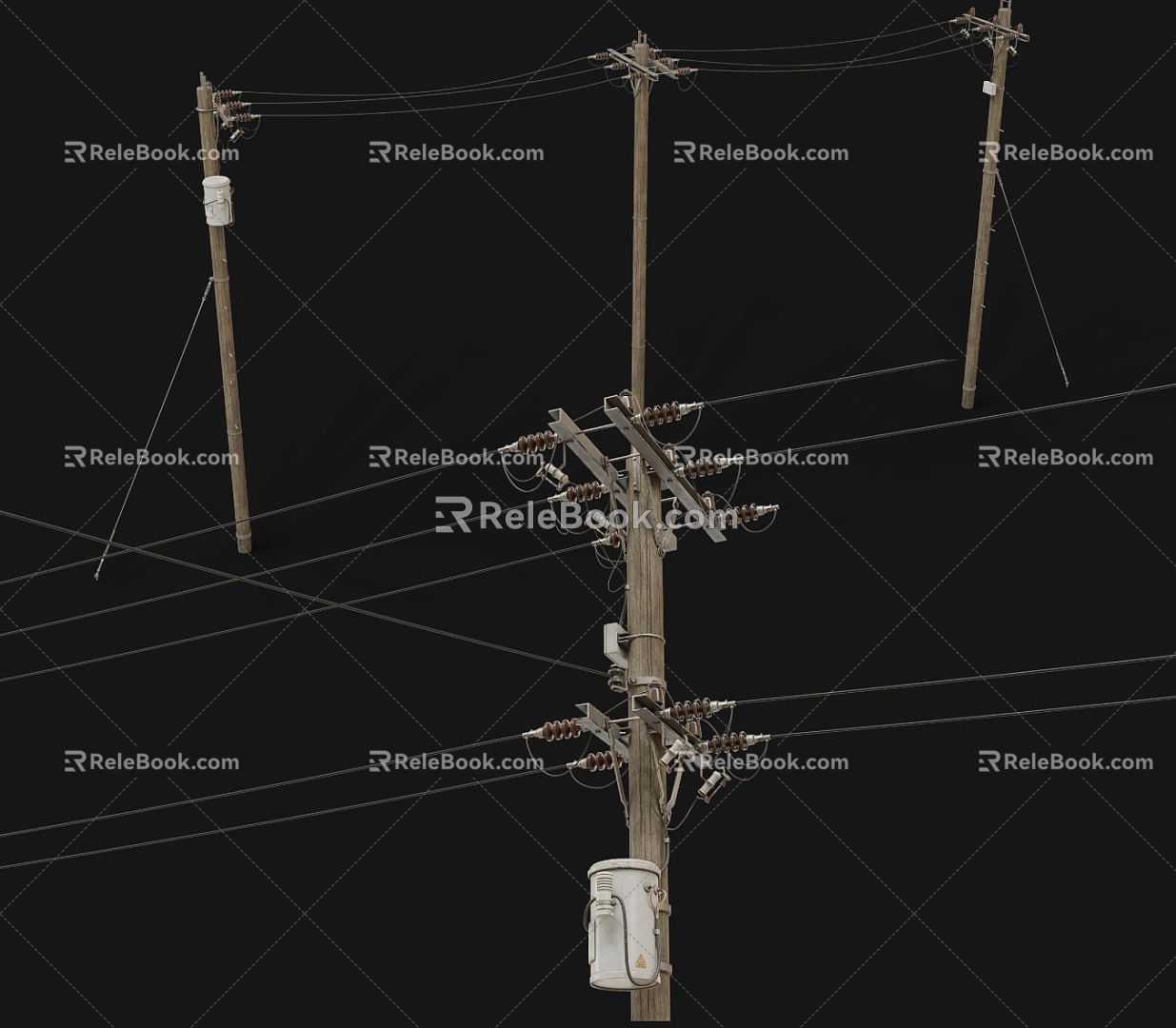 Old-fashioned telegraph pole wire high-voltage wire combination transformer box cable signal tower retro wood telegraph pole traditional industrial city telegraph pole 3d model