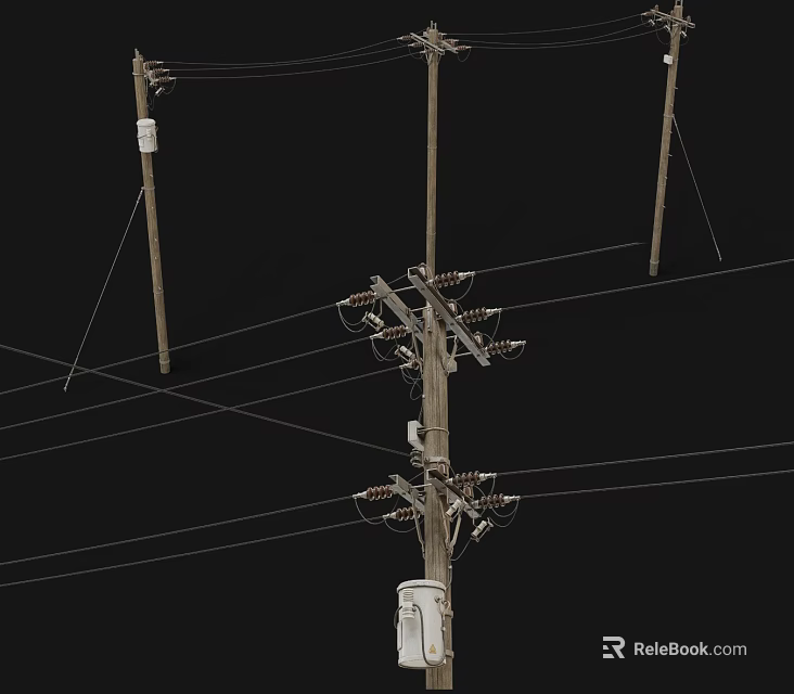 Industrial Electrical Equipment Featuring Electric Poles Overhead Power Lines And Transformers 3d model 