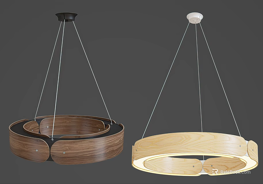 Modern Wooden Ring Chandeliers With Hanging Design And Black White Bases 3d model 