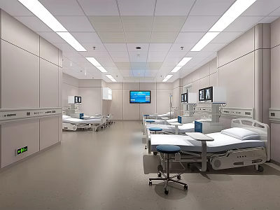 Modern Hospital Ward Interior With Multiple Beds Medical Equipment And TV Screens 3d model