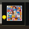 Abstract Painting With Colorful Cartoon Characters Various Expressions And Vibrant Hues