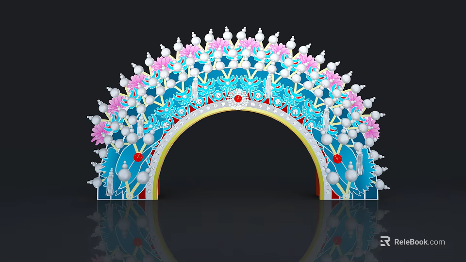 Ornate Decorative Archway Design In Blue With Pink White Flowers And Red Beads 3d model 