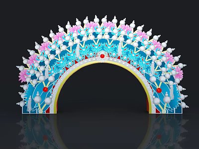 Ornate Decorative Archway Design In Blue With Pink White Flowers And Red Beads 3d model