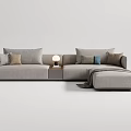 Light Gray Sectional Sofa With Various Colored Throw Pillows Side Table Lamp And Ottoman Blanket 3d model