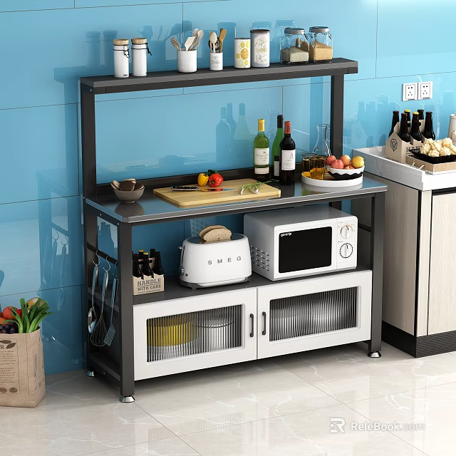 Modern Kitchen Storage Shelf Holding Wine Bottles Microwave Fruits on Cutting Board and Cabinets 3d model 