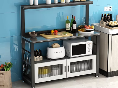 Modern Kitchen Storage Shelf Holding Wine Bottles Microwave Fruits on Cutting Board and Cabinets 3d model