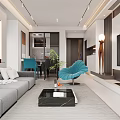 Modern Living Dining Room Interior With Blue Chair TV Wall Coffee Table And Potted Plant