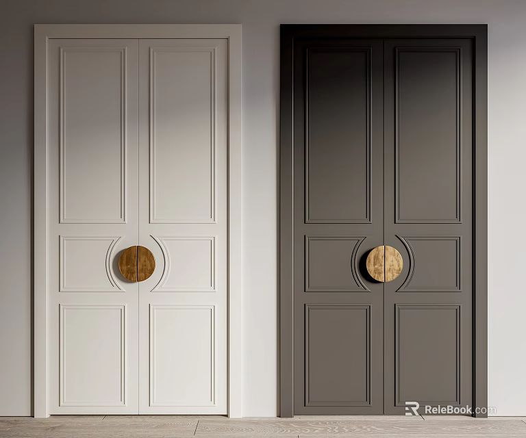 Stylish Double Doors With Light And Dark Color And Brass Round Knobs Design 3d model