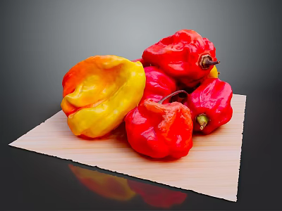 Fresh Red and Yellow Peppers Arranged on Wooden Board for Cooking Recipes 3d model