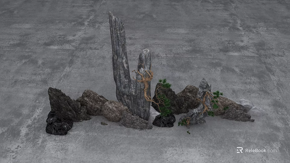 Natural Style Garden Ornament With Various Shaped Stones And Small Plants 3d model 