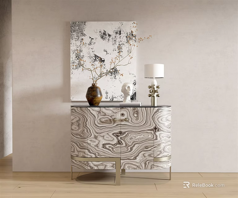 Modern Console Sideboard Cabinet With Marble Pattern Vase Lamp And Wall Art Decor 3d model