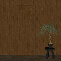 Warm Brown Wooden Swing Door With Natural Wood Grain And Potted Bonsai Tree