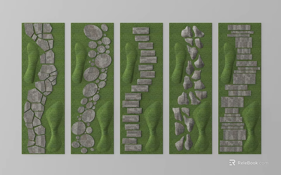 Various Garden Stepping Stones Designs With Stone Patterns On Green Grass 3d model 