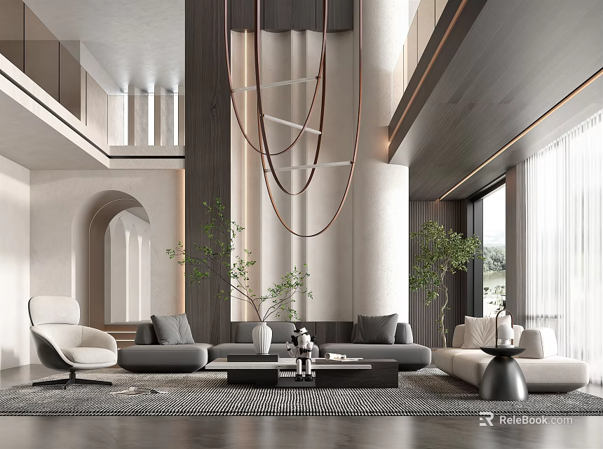 Duplex Living Room Interior with Hanging Chandelier Gray Sofas Green Plants and Large Windows 3d model 