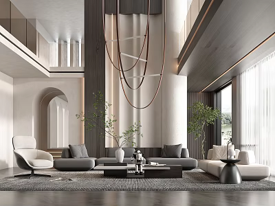 Duplex Living Room Interior with Hanging Chandelier Gray Sofas Green Plants and Large Windows 3d model