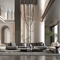 Duplex Living Room Interior with Hanging Chandelier Gray Sofas Green Plants and Large Windows