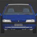 Blue Small Hatchback Car With White Roof And Black Windows On Reflective Surface