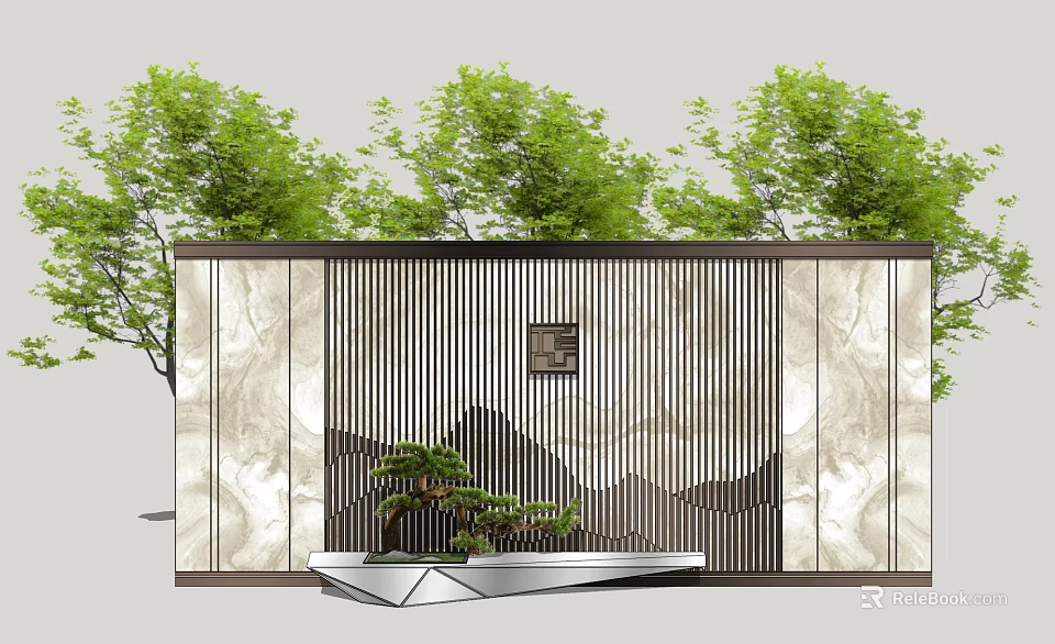 Landscape Feature Wall With Marble Texture Vertical Slats Small Pine Tree And Green Trees 3d model