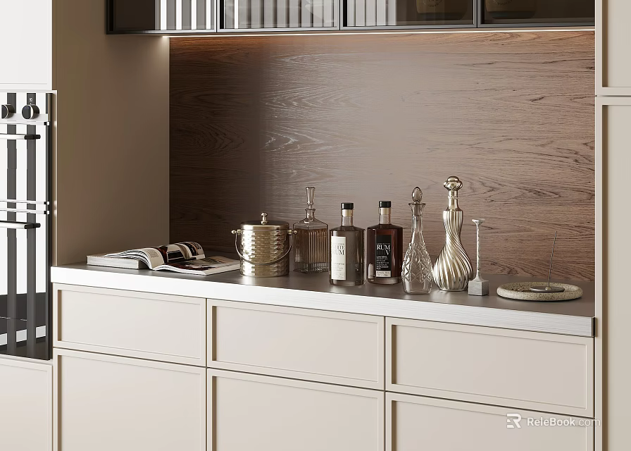 Modern Kitchen Countertop Decorative Ornament Set With Glass Bottles And Metal Jars 3d model 
