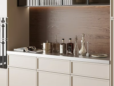 Modern Kitchen Countertop Decorative Ornament Set With Glass Bottles And Metal Jars 3d model