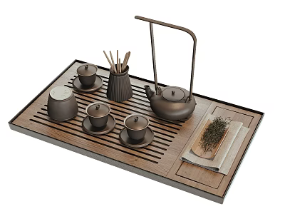 Elegant Traditional Tea Set with Wooden Tray Teapot Teacups and Tea Leaves 3d model