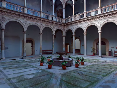 Courtyard Home Living Space With Potted Plants Arched Columns And Central Fountain 3d model
