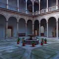 Courtyard Home Living Space With Potted Plants Arched Columns And Central Fountain