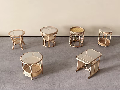 Modern Minimalist Side Tables With Round Square Shapes Rattan Bases And Glass Tops 3d model