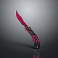 Modern Folding Knife With Red Blade Black Handle And Gold Decorative Accents