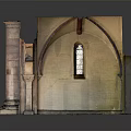 Historical Ruin Structure with Red Brown Brick Arched Portal Circular Window Columns and Weathered Details