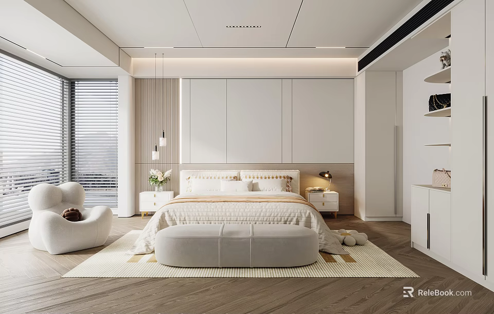 Modern White Bedroom Interior With Large Bed Bedside Tables Wooden Flooring And Armchair 3d model 