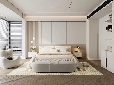 Modern White Bedroom Interior With Large Bed Bedside Tables Wooden Flooring And Armchair 3d model