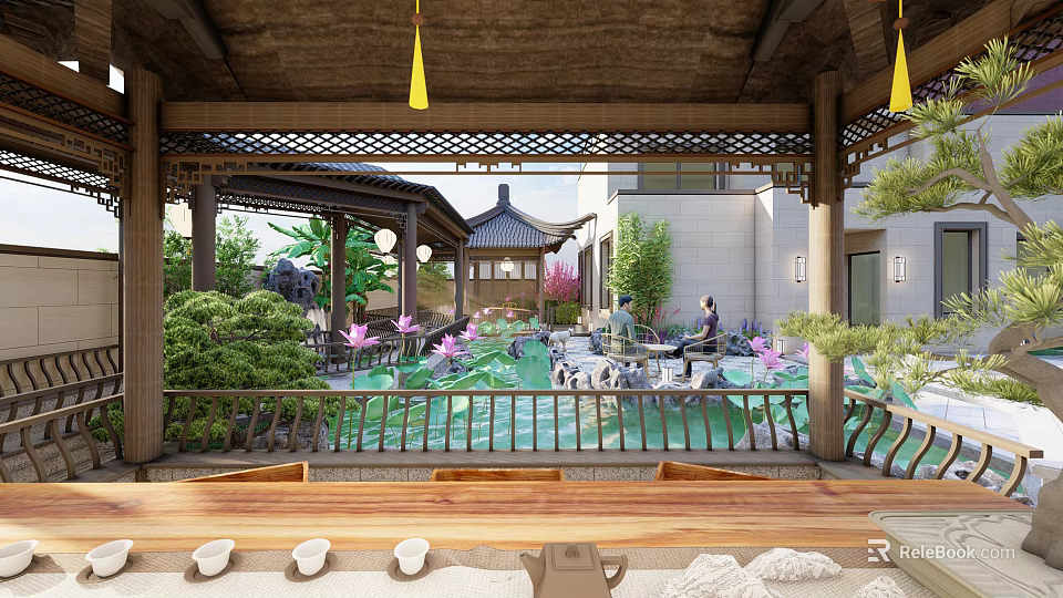 Traditional Chinese Courtyard Garden With Pavilion Pond Lotus Flowers And Green Plants 3d model 