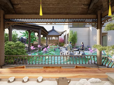 Traditional Chinese Courtyard Garden With Pavilion Pond Lotus Flowers And Green Plants 3d model