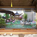 Traditional Chinese Courtyard Garden With Pavilion Pond Lotus Flowers And Green Plants