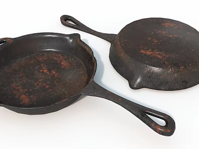 Vintage Cast Iron Kitchen Cookware Set With Two Skillets And Lid 3d model