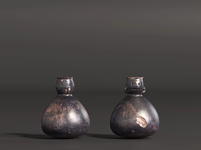 Two Dark Textured Ceramic Vessels With Rounded Base And Decorative Neck Design 3d model